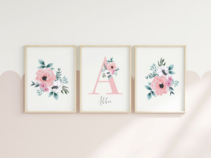 Set of 3 personalised name initial floral bedroom girls set of unframed wall art poster prints
