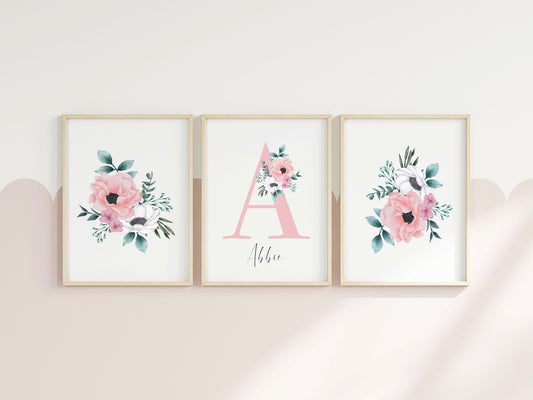 Set of 3 personalised name initial floral bedroom girls set of unframed wall art poster prints