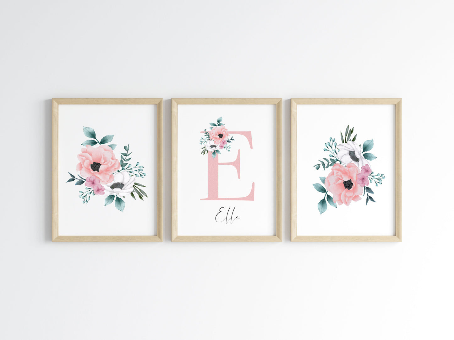 Set of 3 personalised name initial floral bedroom girls set of unframed wall art poster prints