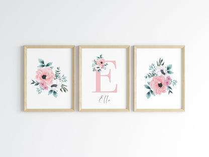 Set of 3 personalised name initial floral bedroom girls set of unframed wall art poster prints