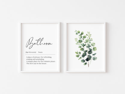Set of 2 bathroom prints, Bathroom definition eucalyptus bouquet unframed wall art poster prints