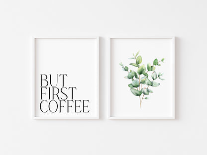 Set of 2 coffee prints, but first coffee watercolour botanical plant stem kitchen bedroom office unframed wall art poster prints coffee art