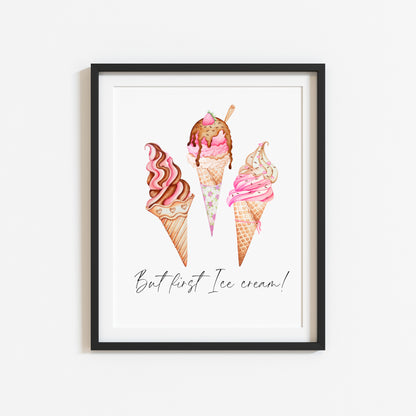 But first Ice cream pink cute icecream illustration kitchen unframed wall art poster print