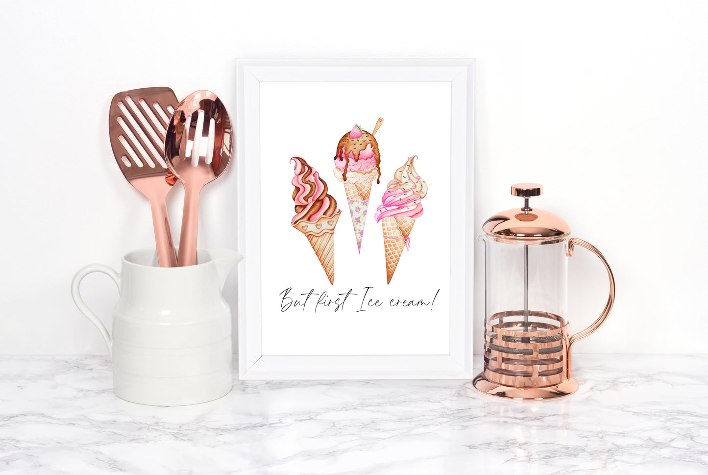 But first Ice cream pink cute icecream illustration kitchen unframed wall art poster print