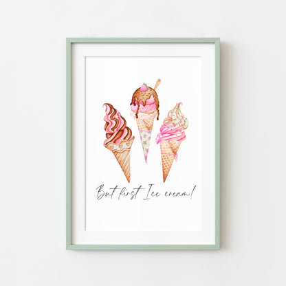 But first Ice cream pink cute icecream illustration kitchen unframed wall art poster print