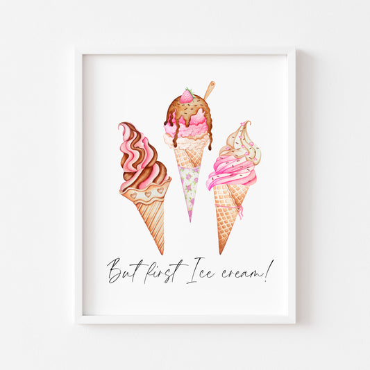 But first Ice cream pink cute icecream illustration kitchen unframed wall art poster print