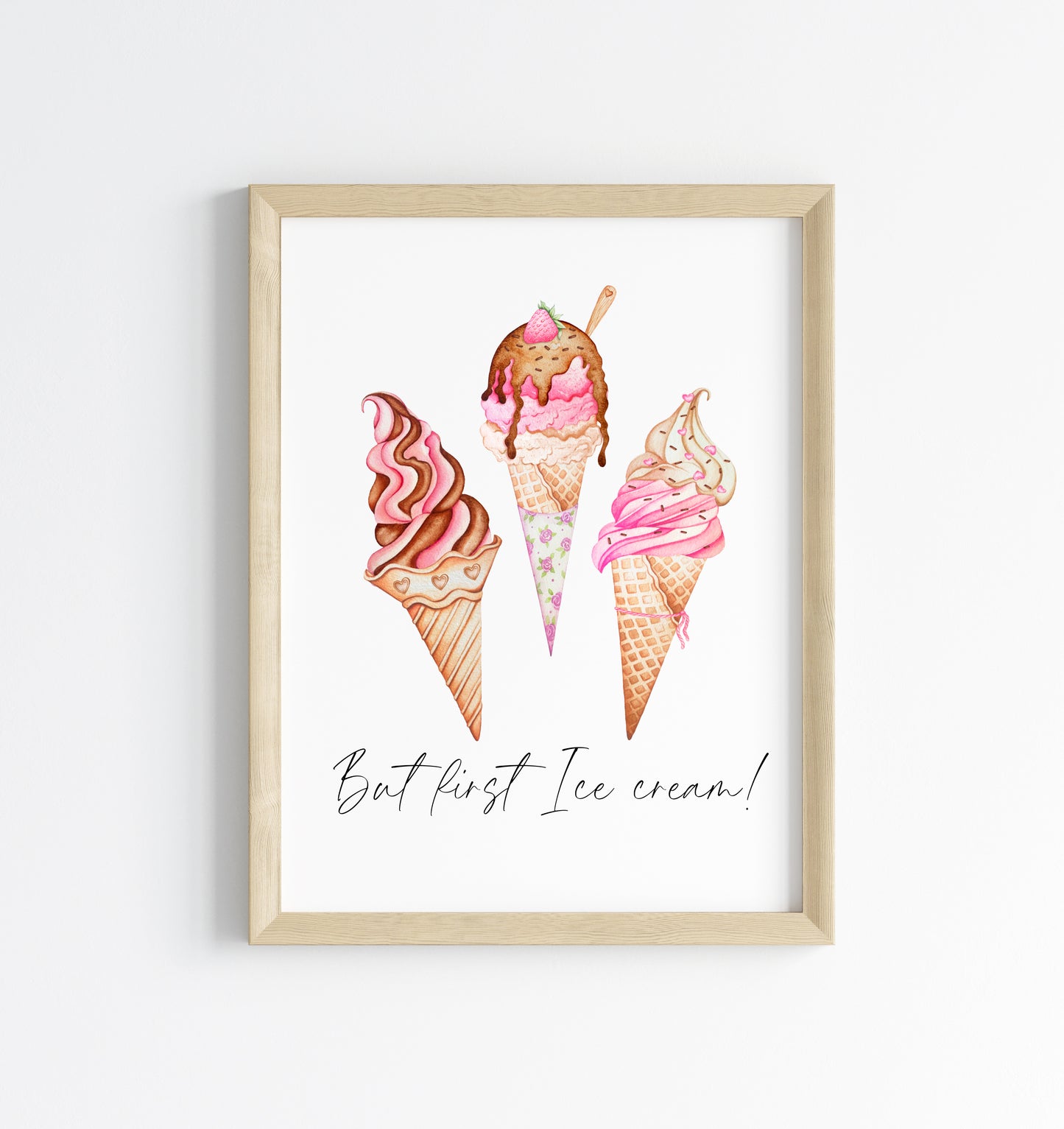 But first Ice cream pink cute icecream illustration kitchen unframed wall art poster print