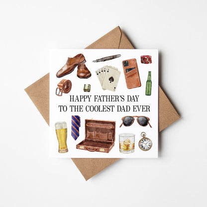 Father's day card coolest dad ever watercolour with Kraft brown envelope