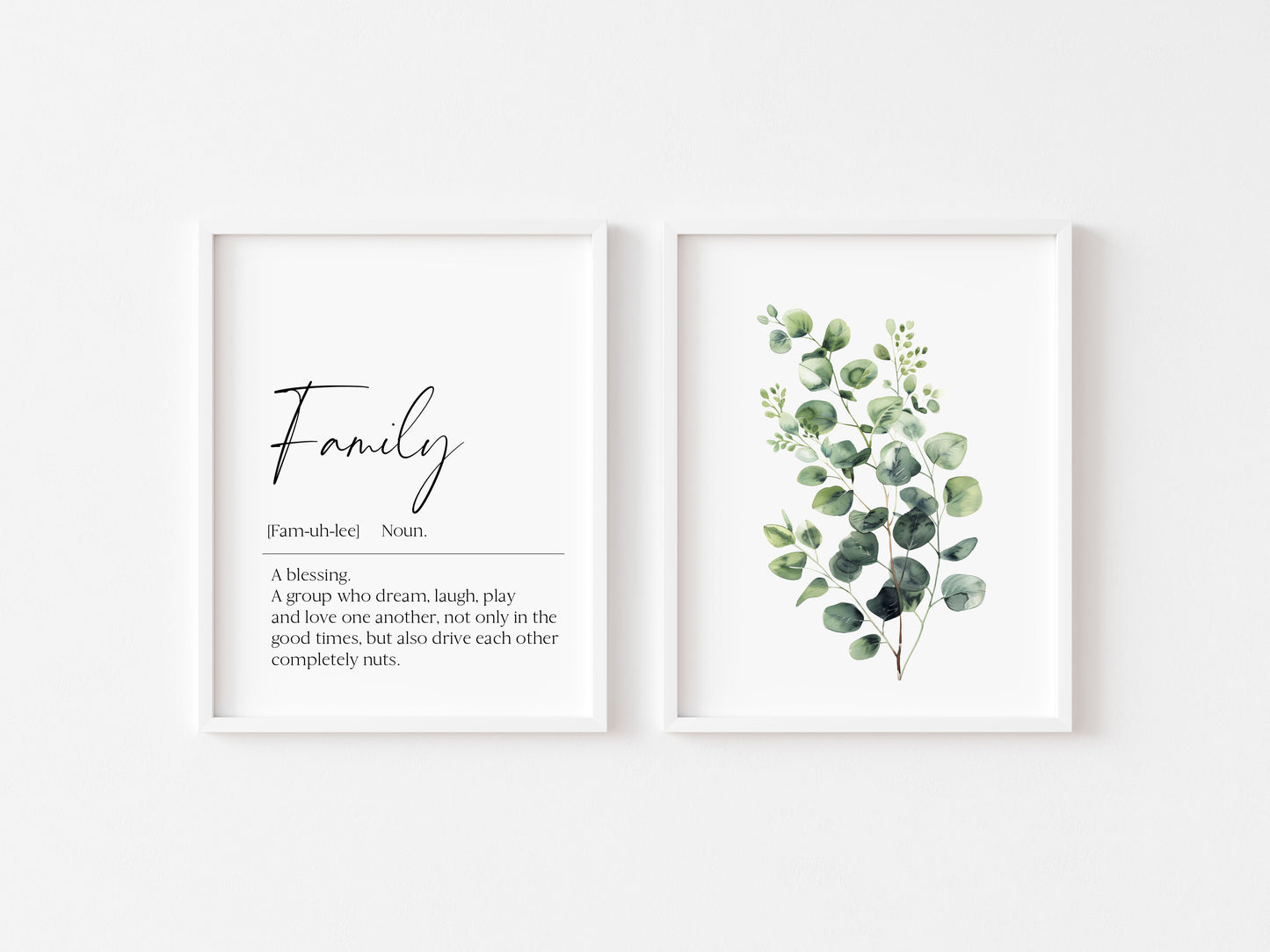 Set of 2 home prints, family definition & plant greenery eucalyptus bouquet home unframed wall art poster prints, home decor, home wall art