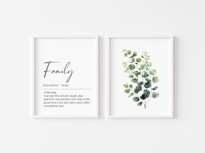 Set of 2 home prints, family definition & plant greenery eucalyptus bouquet home unframed wall art poster prints, home decor, home wall art