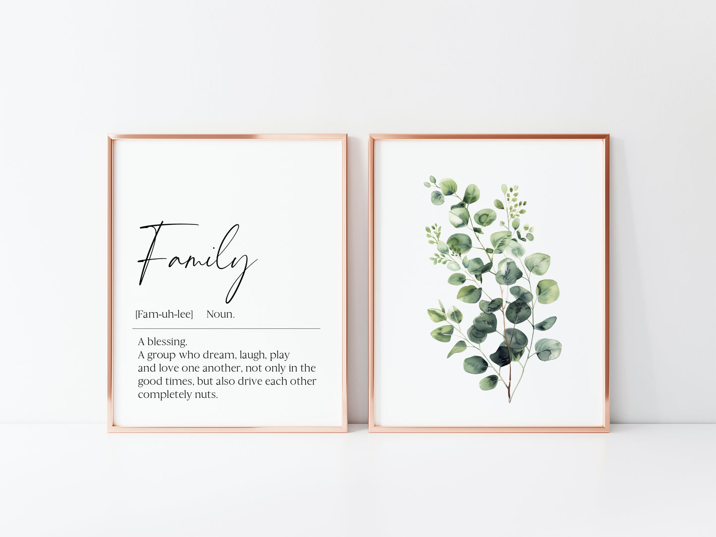 Set of 2 home prints, family definition & plant greenery eucalyptus bouquet home unframed wall art poster prints, home decor, home wall art