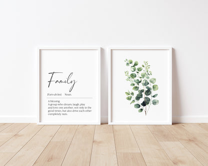 Set of 2 home prints, family definition & plant greenery eucalyptus bouquet home unframed wall art poster prints, home decor, home wall art