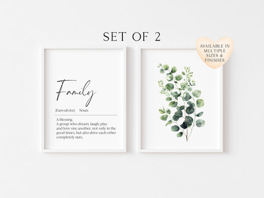 Set of 2 home prints, family definition & plant greenery eucalyptus bouquet home unframed wall art poster prints, home decor, home wall art