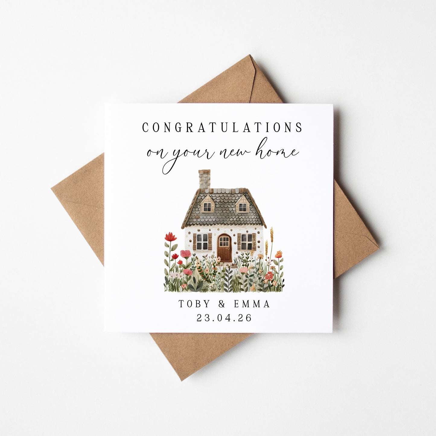 New home card, congratulations floral house cottage names dates personalised with Envelope