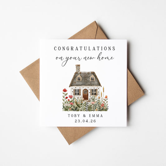 New home card, congratulations floral house cottage names dates personalised with Envelope