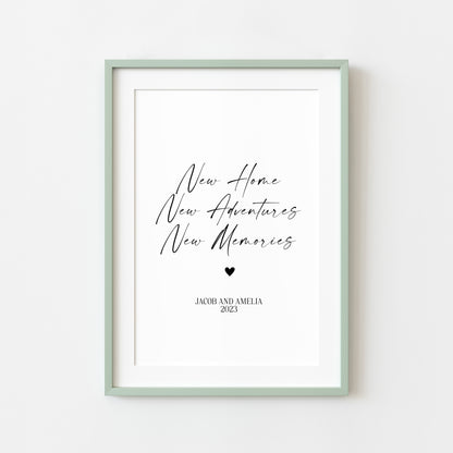 Personalised couples print, new home, new adventures new memories unframed wall art poster print