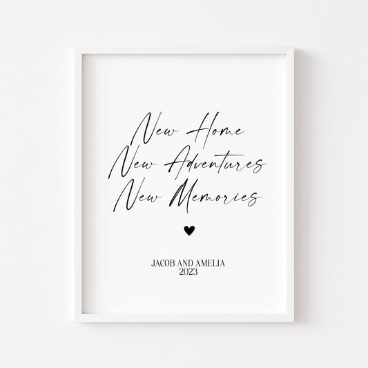 Personalised couples print, new home, new adventures new memories unframed wall art poster print