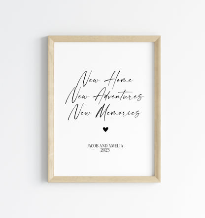 Personalised couples print, new home, new adventures new memories unframed wall art poster print
