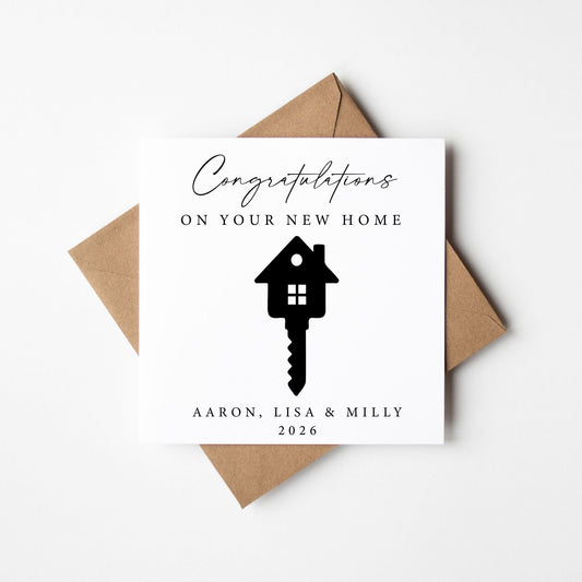 Personalised First New home card, congratulations first house together key names dates with Envelope