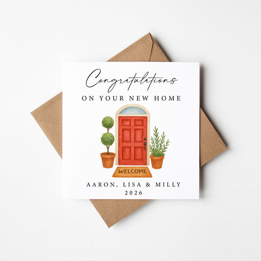 Personalised New First home card, congratulations red front door family names dates with Envelope