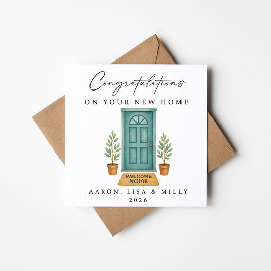 Personalised New First home card, congratulations front door family names dates with Envelope