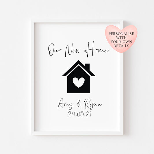 Our First / New home, house heart print, personalised with names and or dates couples wall art new home gift unframed poster print