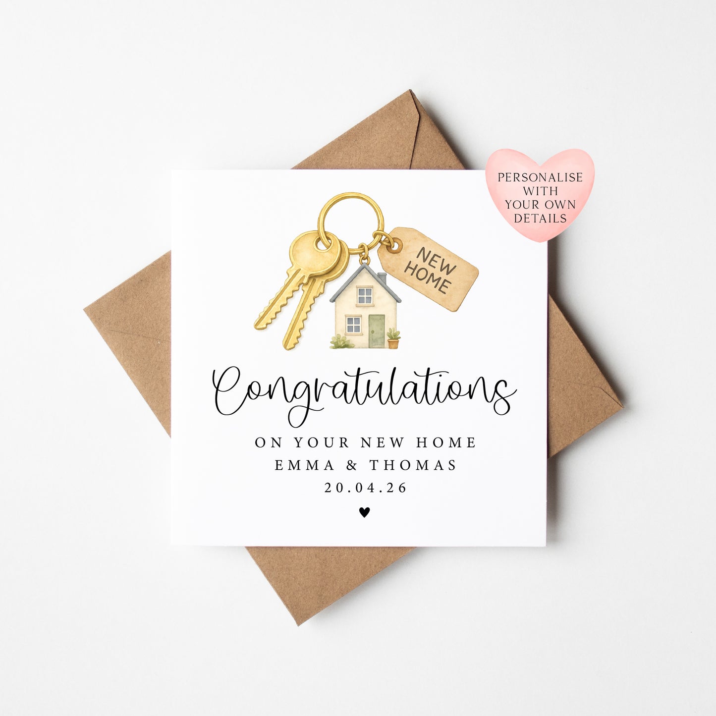 Personalised New home card, congratulations couples new house keys with Envelope