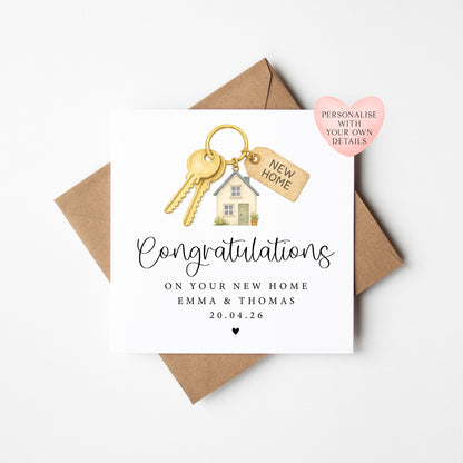 Personalised New home card, congratulations couples new house keys with Envelope