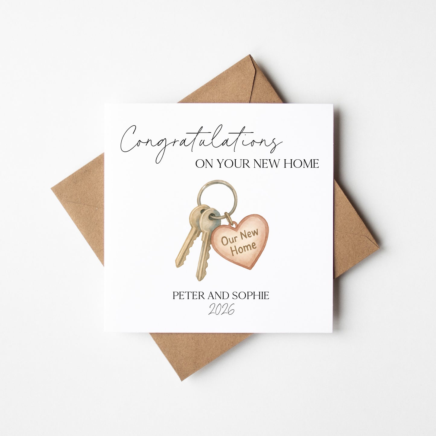 New home card, congratulations new house key names dates personalised with Envelope