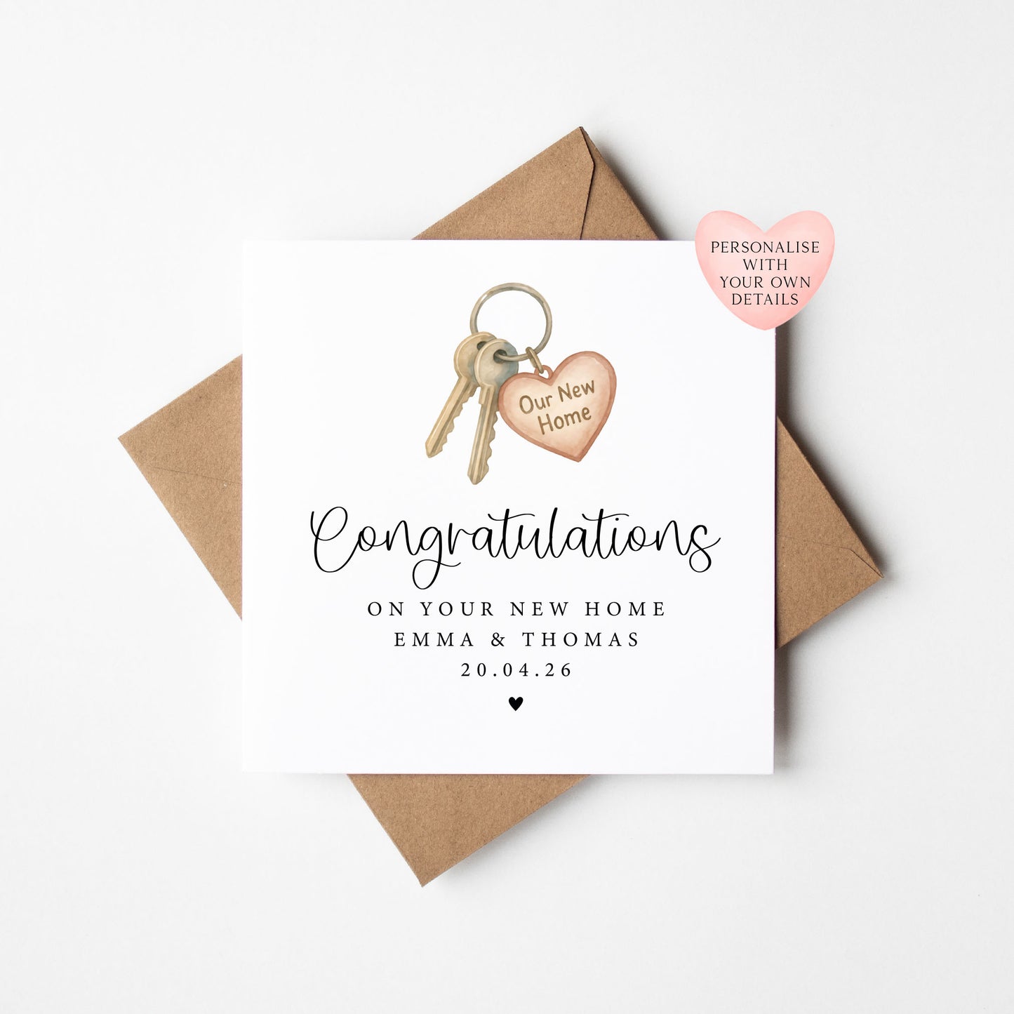 Personalised New home card, congratulations couples new house key with Envelope
