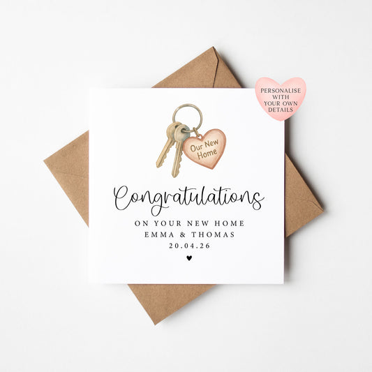 Personalised New home card, congratulations couples new house key with Envelope