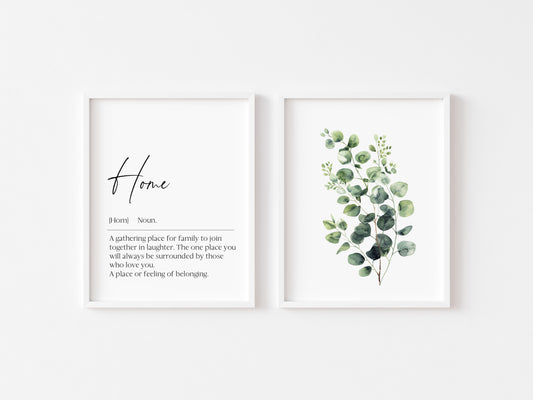Set of 2 home prints, home definition & plant greenery eucalyptus bouquet home unframed wall art poster prints, home decor, home wall art