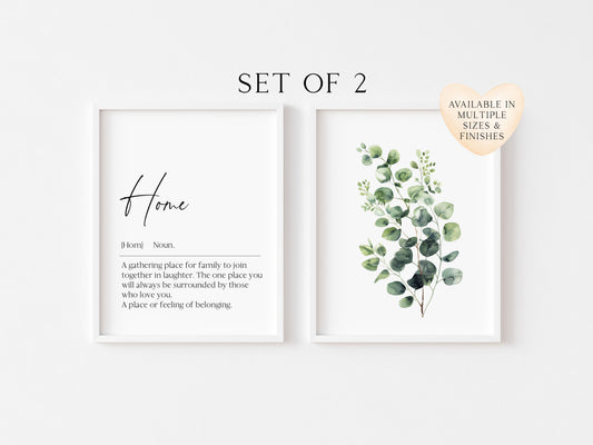 Set of 2 home prints, home definition & plant greenery eucalyptus bouquet home unframed wall art poster prints, home decor, home wall art