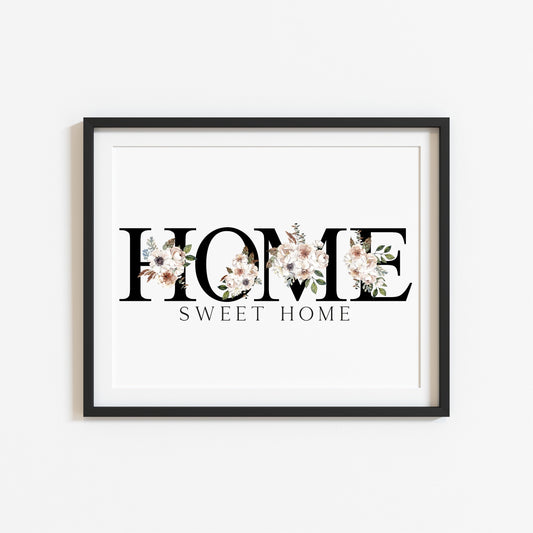 Home sweet home black initials floral magnolia home hallway landscape unframed wall art poster print