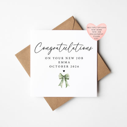 Congratulations Card Green Bow Card, Personalised New Home, Job, Passing exams, engagement (with envelope)