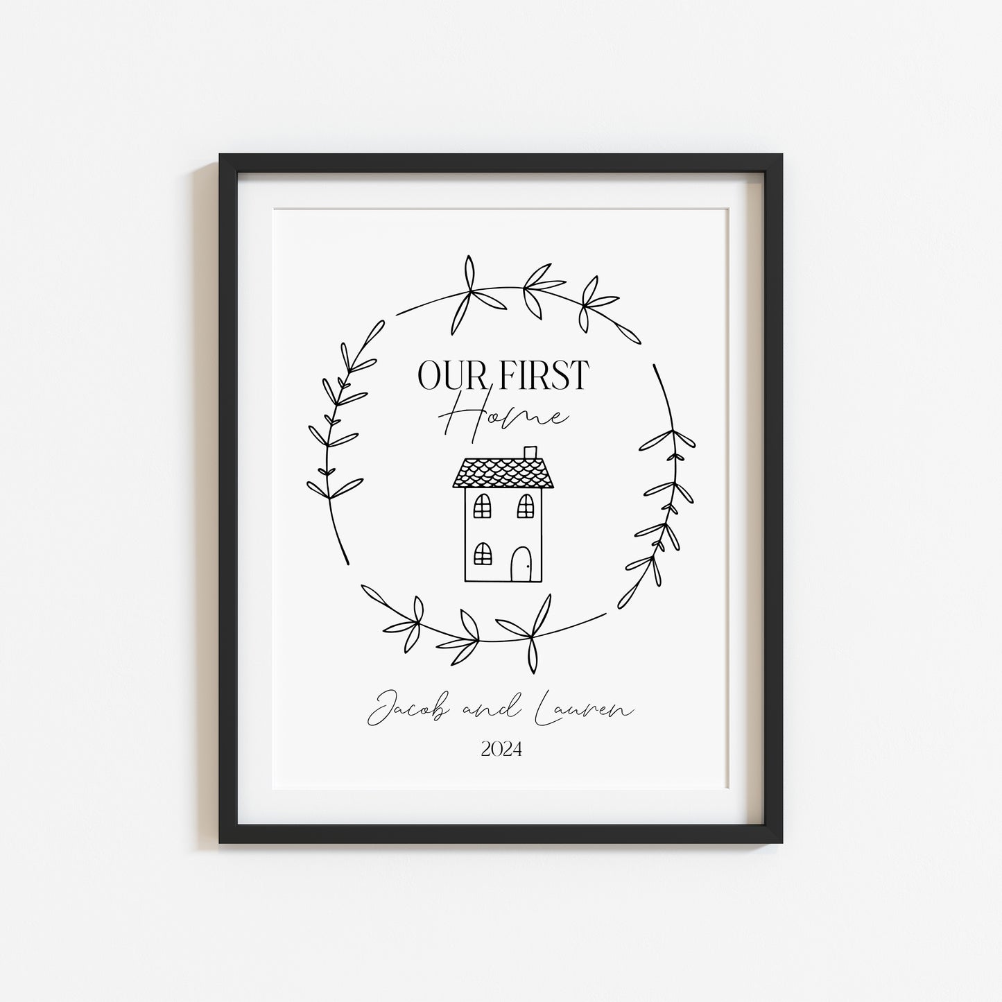 Our first home personalised house home doodle & botanical wreath couples new home bedroom unframed wall art poster print