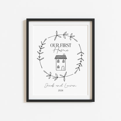 Our first home personalised house home doodle & botanical wreath couples new home bedroom unframed wall art poster print