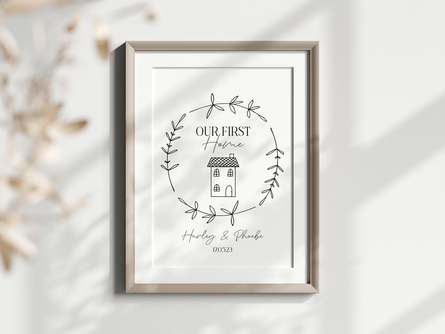 Our first home personalised house home doodle & botanical wreath couples new home bedroom unframed wall art poster print