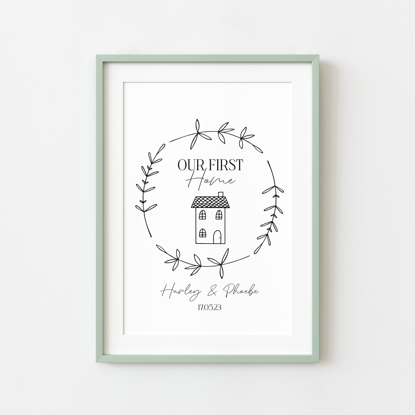 Our first home personalised house home doodle & botanical wreath couples new home bedroom unframed wall art poster print