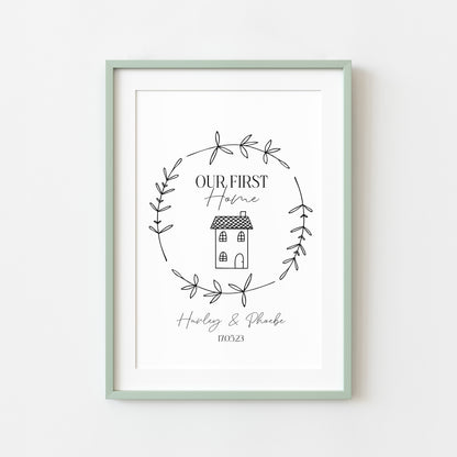 Our first home personalised house home doodle & botanical wreath couples new home bedroom unframed wall art poster print