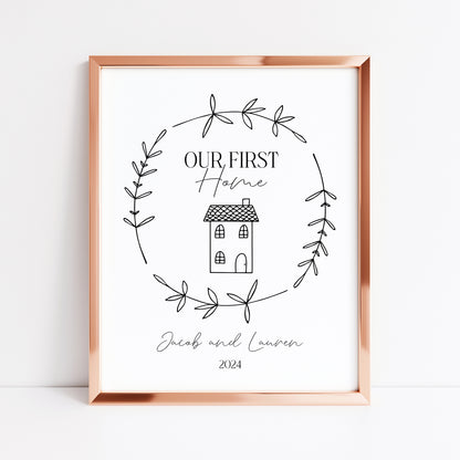 Our first home personalised house home doodle & botanical wreath couples new home bedroom unframed wall art poster print