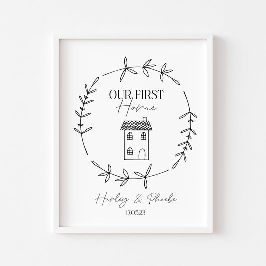 Our first home personalised house home doodle & botanical wreath couples new home bedroom unframed wall art poster print