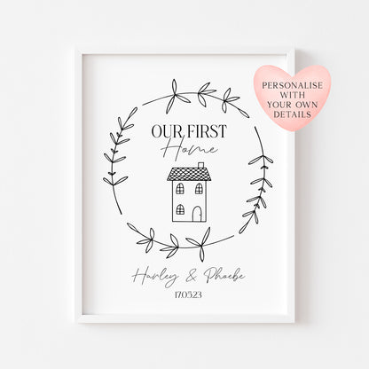 Our first home personalised house home doodle & botanical wreath couples new home bedroom unframed wall art poster print