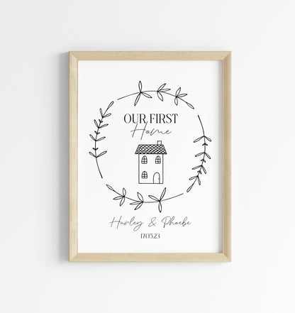 Our first home personalised house home doodle & botanical wreath couples new home bedroom unframed wall art poster print