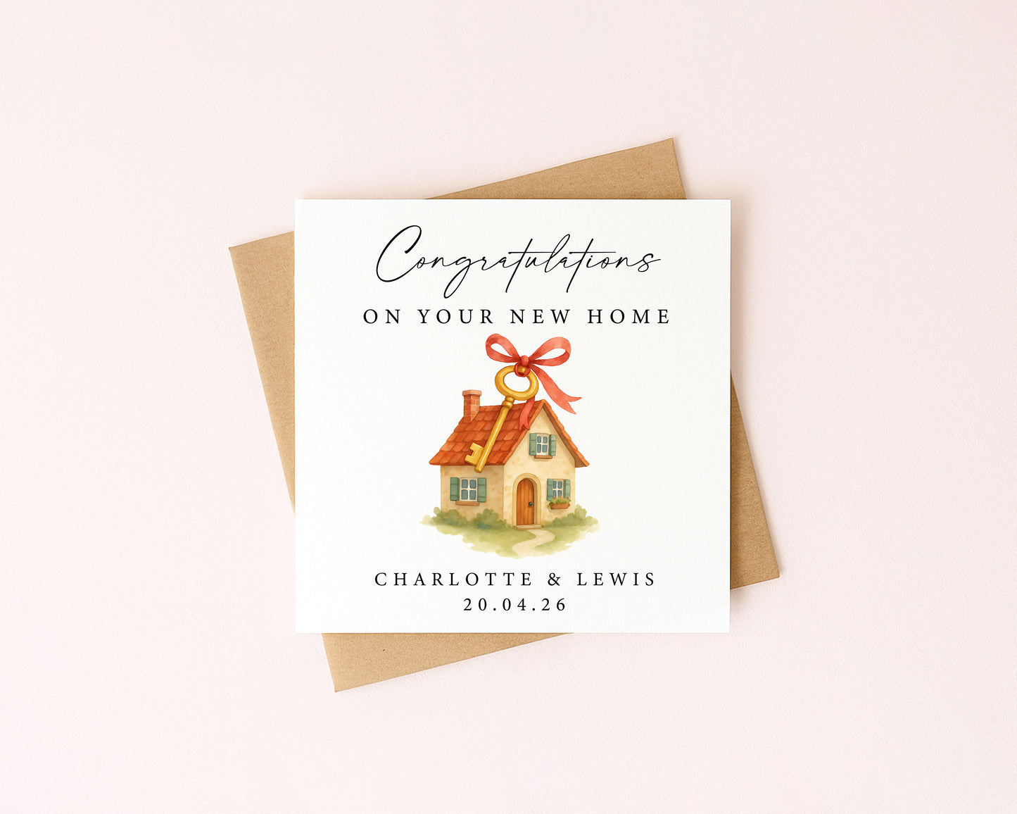 Personalised First New home card congratulations first house key red bow ribbon with Envelope