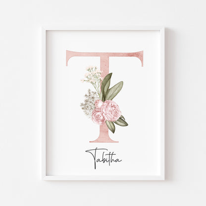 Personalised initial name print, pink and green watercolour floral initial illustration nursery unframed print