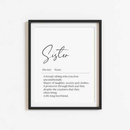Sister definition, sister bestie definition birthday gift unframed wall art poster print, gifts for sisters, best sisters, sisters birthday