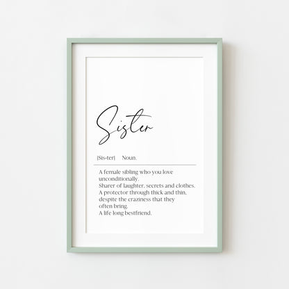 Sister definition, sister bestie definition birthday gift unframed wall art poster print, gifts for sisters, best sisters, sisters birthday