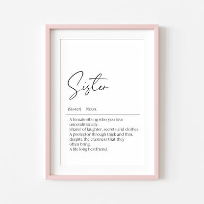Sister definition, sister bestie definition birthday gift unframed wall art poster print, gifts for sisters, best sisters, sisters birthday