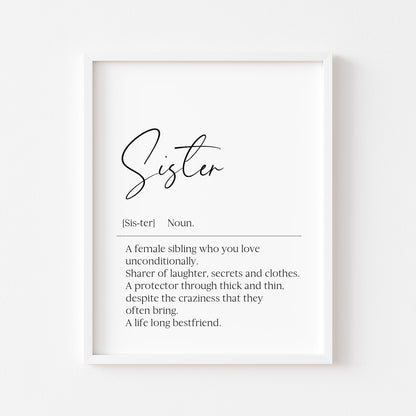 Sister definition, sister bestie definition birthday gift unframed wall art poster print, gifts for sisters, best sisters, sisters birthday